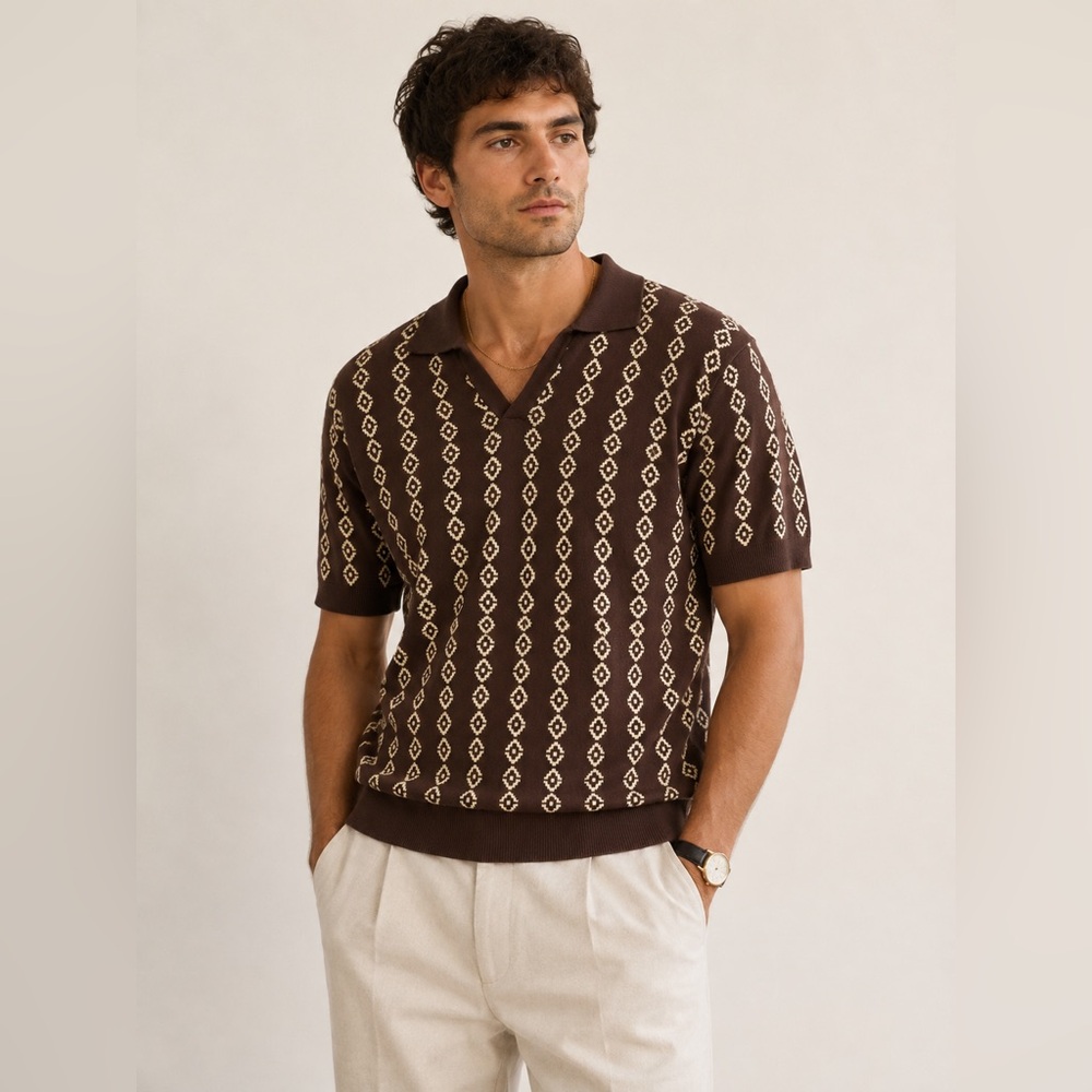 Vintage OXKNIT Store Polo Sweater XL Brown Geometric Knit 100% Cotton Retro